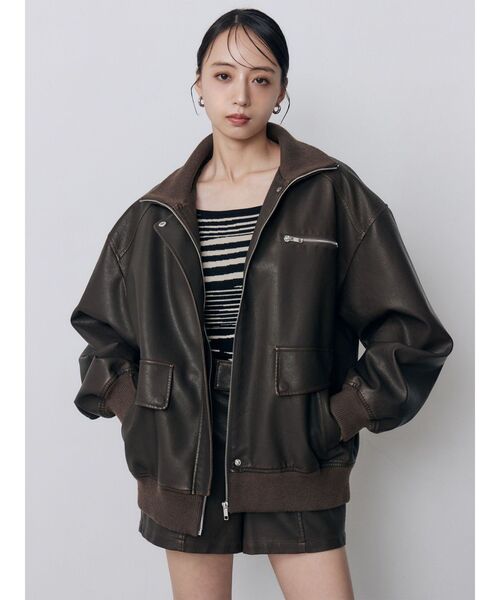MURUA(ムルーア)の「【セットアップ対応】リブカラーフェイクレザーブルゾン(ブルゾン・レディース・ダークグレー/ブラウン・FREE)」の4枚目の写真