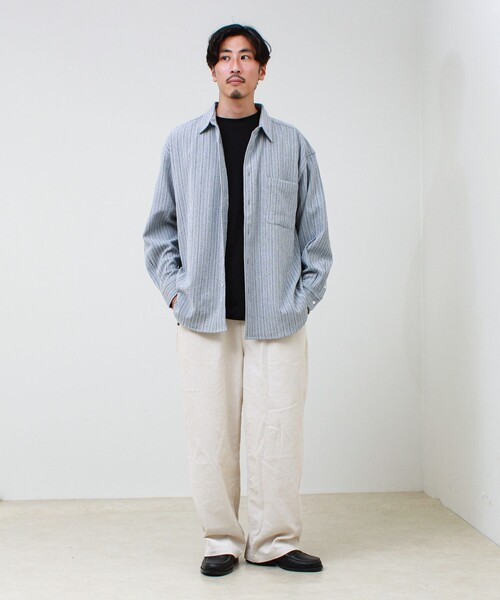 GLOSTER(グロスター)の「Stripe crepe ストライプ楊柳 ロングスリーブオーバーサイズシャツ(シャツ/ブラウス・メンズ・ホワイト系その他/ベージュ系その他/ブルー系その他・S/M/L)」の17枚目の写真