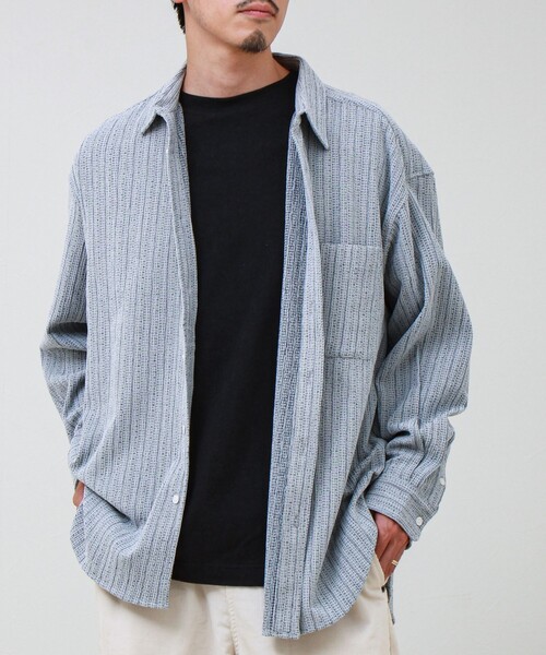 GLOSTER(グロスター)の「Stripe crepe ストライプ楊柳 ロングスリーブオーバーサイズシャツ(シャツ/ブラウス・メンズ・ホワイト系その他/ベージュ系その他/ブルー系その他・S/M/L)」の18枚目の写真