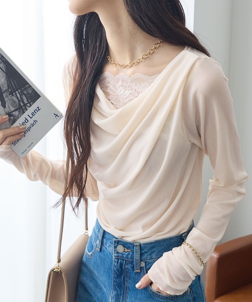 ReDial(リダイアル)の「シアーベロアレース使いトップス(Tシャツ/カットソー・レディース・オフホワイト/グレー/ブラウン/ブラック・3L/LL/L/M)」の2枚目の写真