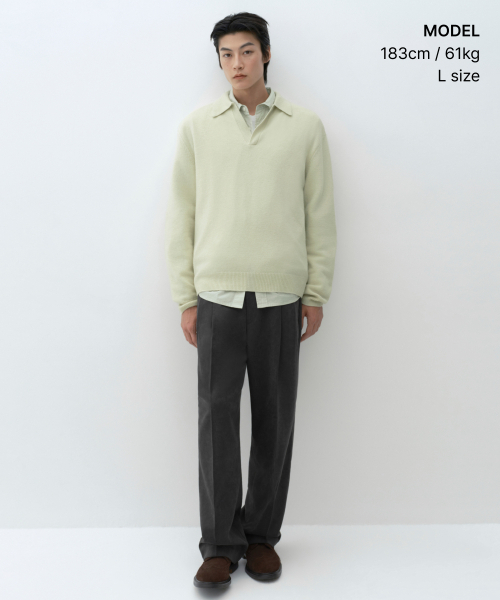 MUSINSA STANDARD（ムシンサスタンダード）の「[ビクトリアウール] スリットネックカラー ニット [ペイルグリーン]（ニット/セーター・メンズ・その他・MEDIUM/LARGE/X-LARGE/2XL）」の4枚目の写真