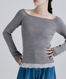 カシミヤ混レースデザインバレエネックリブニット