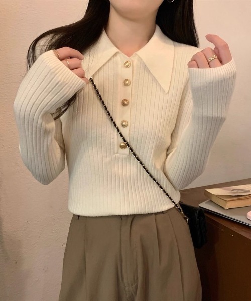 Beststore(ベストストア)の「大襟×金ボタンで上品に パワショル風 リブニット長袖ポロ(ニット/セーター・レディース・ホワイト/ブラック/ベージュ/アイボリー・FREE)」の9枚目の写真