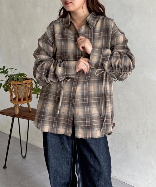CPCM(シーピーシーエム)の「シャーリングフリンジチェックシャツ(シャツ/ブラウス・レディース・ネイビー/ブラウン/レッド・FREE)」の1枚目の写真
