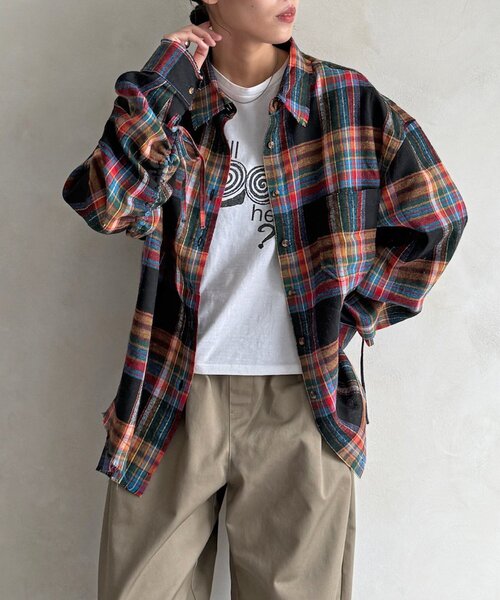 CPCM(シーピーシーエム)の「シャーリングフリンジチェックシャツ(シャツ/ブラウス・レディース・ネイビー/ブラウン/レッド・FREE)」の3枚目の写真