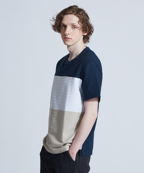 ABAHOUSE GRAY(アバハウスグレイ)の「【展開店舗限定】3段配色JQDボーダー半袖Tシャツ(Tシャツ/カットソー・メンズ・ホワイト/ネイビー/グリーン・46/48)」の1枚目の写真