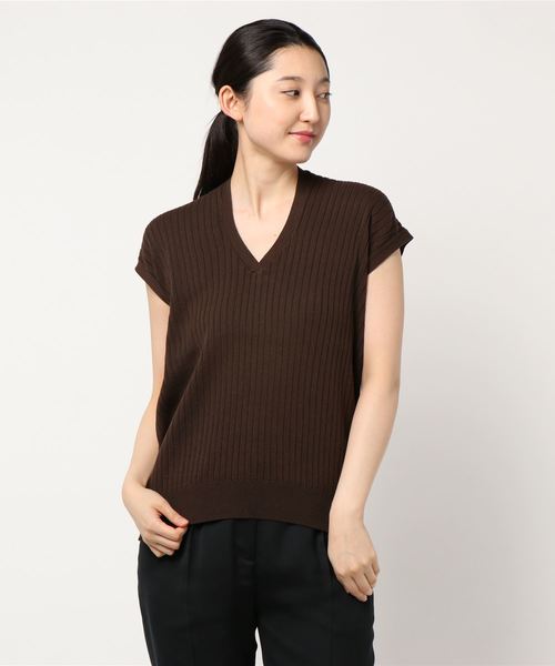 AMERICAN HOLIC（アメリカンホリック）の「両Vネック抜け衿リブノースリーブプルオーバー　＊（ニット/セーター・レディース・ネイビー/ブラウン/グリーン・M/L）」の2枚目の写真