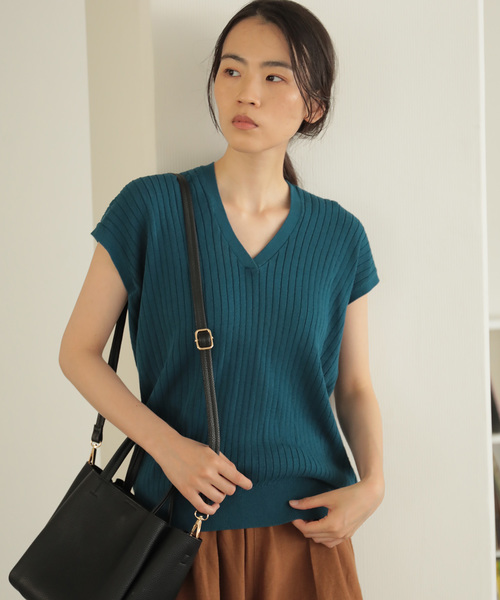 AMERICAN HOLIC（アメリカンホリック）の「両Vネック抜け衿リブノースリーブプルオーバー　＊（ニット/セーター・レディース・ネイビー/ブラウン/グリーン・M/L）」の3枚目の写真