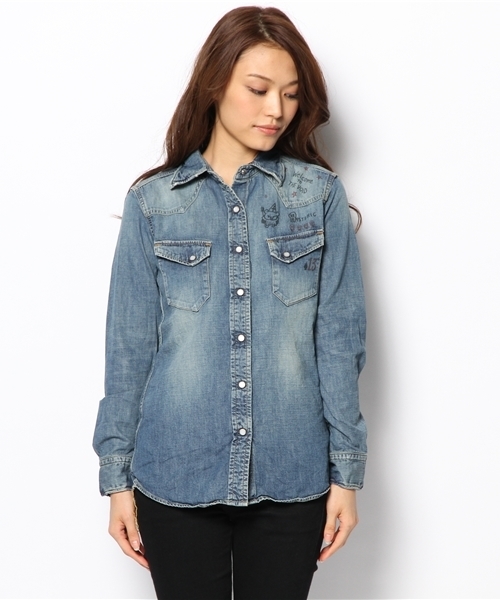 HYSTERIC GLAMOUR（ヒステリックグラマー）の「USED加工デニム 13 SPADE pt 長袖ウエスタンSH（シャツ/ブラウス・レディース・インディゴブルー・FREE）」の6枚目の写真