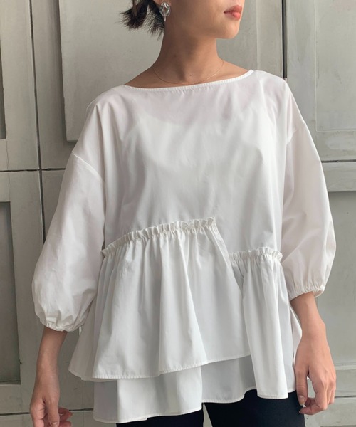 moment+（モーメントプラス）の「T/Cブロード アシメギャザーフリルブラウス（七分袖.ギャザープリーツ）（シャツ/ブラウス・レディース・ベージュ/オフホワイト/ブラック・M/L）」の18枚目の写真