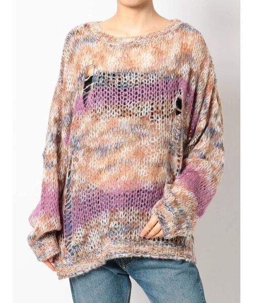 jouetie（ジュエティ）の「ミックスグランジルーズニット（ニット/セーター・レディース・レッド/グレー/ベージュ・MEDIUM）」の4枚目の写真