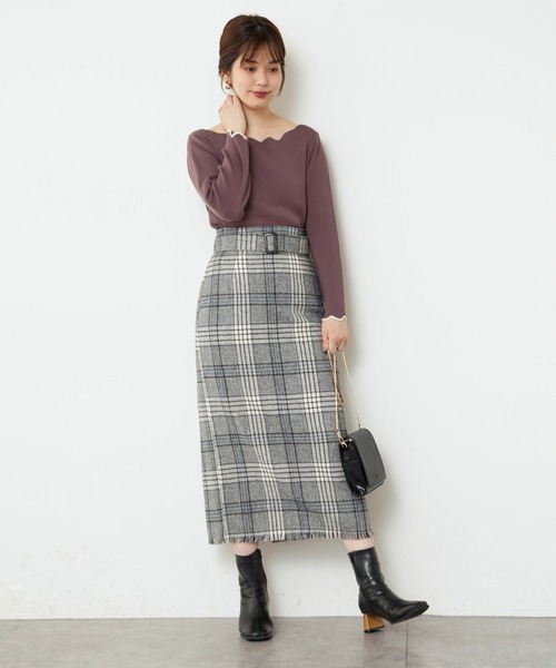 natural couture（ナチュラルクチュール）の「ベルト付き裾フリンジチェックスカート（スカート・レディース・ブラック系/ベージュ系/ブルー系・FREE）」の14枚目の写真