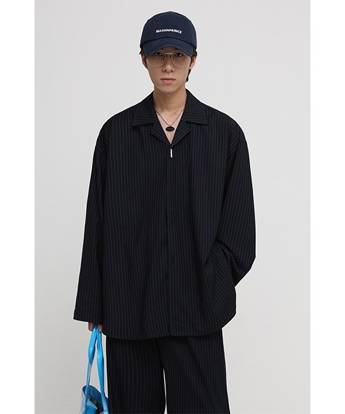 MASONPRINCE(メイソンプリンス)の「【MASONPRINCE】Oversized open collar striped shirt CS2085(シャツ/ブラウス・メンズ・ダークネイビー・S/L/M)」の1枚目の写真