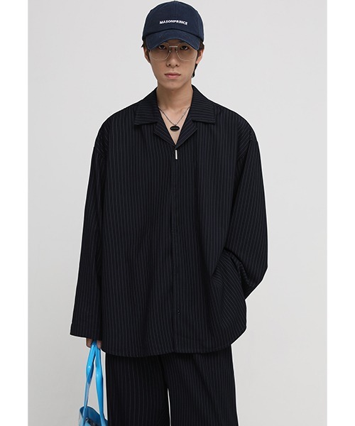 MASONPRINCE(メイソンプリンス)の「【MASONPRINCE】Oversized open collar striped shirt CS2085(シャツ/ブラウス・メンズ・ダークネイビー・S/L/M)」の2枚目の写真