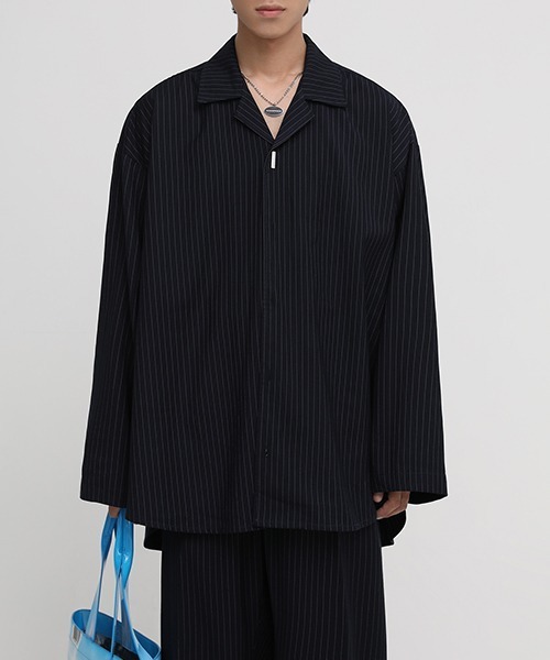 MASONPRINCE(メイソンプリンス)の「【MASONPRINCE】Oversized open collar striped shirt CS2085(シャツ/ブラウス・メンズ・ダークネイビー・S/L/M)」の4枚目の写真
