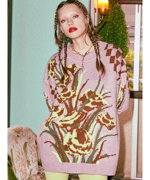 jouetie（ジュエティ）の「チェッカーフラワージャガードニット（ニット/セーター・レディース・ブラック/ピンク/アイボリー・MEDIUM）」の3枚目の写真