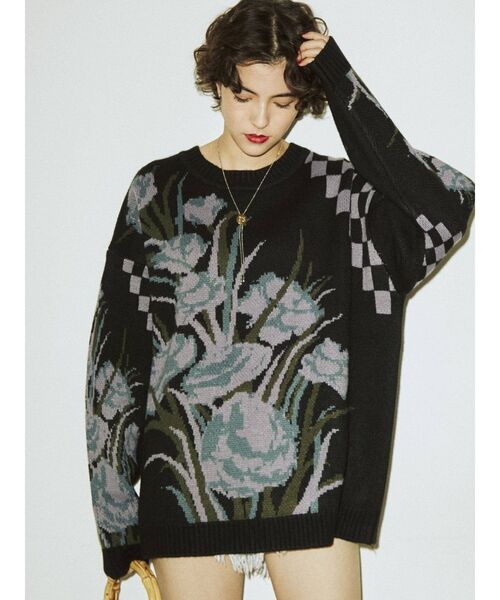 jouetie（ジュエティ）の「チェッカーフラワージャガードニット（ニット/セーター・レディース・ブラック/ピンク/アイボリー・MEDIUM）」の8枚目の写真