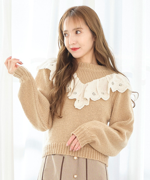 可愛いいエンフォルド。レース付きベージュニットセーター。 楽天市場】【P2倍&クーポン有】ニット セーター レース 透け感