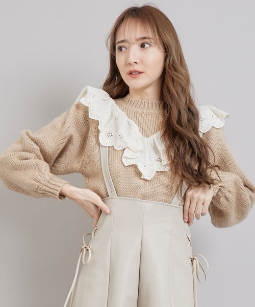 TITTY&CO.（ティティーアンドコー）の「コットンレースニットトップス（ニット/セーター・レディース・ベージュ/グレー/オフホワイト・FREE）」の14枚目の写真