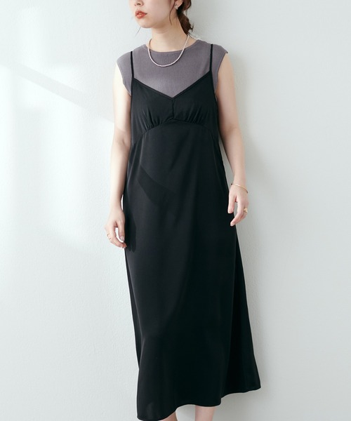 natural couture（ナチュラルクチュール）の「【WEB限定】素材感で魅せる　ノースリリブニット×キャミワンピースセット（ワンピース・レディース・ブラック/ベージュ/サックスブルー/ドット・FREE）」の5枚目の写真