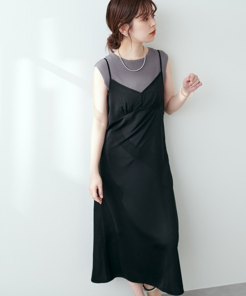 natural couture（ナチュラルクチュール）の「【WEB限定】素材感で魅せる　ノースリリブニット×キャミワンピースセット（ワンピース・レディース・ブラック/ベージュ/サックスブルー/ドット・FREE）」の6枚目の写真