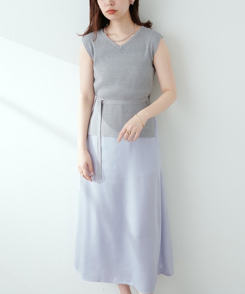 natural couture（ナチュラルクチュール）の「【WEB限定】素材感で魅せる　ノースリリブニット×キャミワンピースセット（ワンピース・レディース・ブラック/ベージュ/サックスブルー/ドット・FREE）」の16枚目の写真