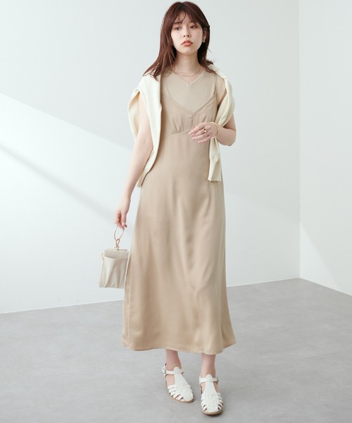 natural couture（ナチュラルクチュール）の「【WEB限定】素材感で魅せる　ノースリリブニット×キャミワンピースセット（ワンピース・レディース・ブラック/ベージュ/サックスブルー/ドット・FREE）」の12枚目の写真