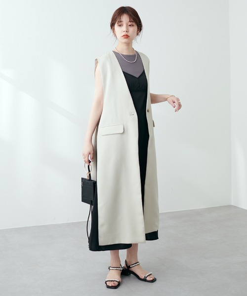 natural couture（ナチュラルクチュール）の「【WEB限定】素材感で魅せる　ノースリリブニット×キャミワンピースセット（ワンピース・レディース・ブラック/ベージュ/サックスブルー/ドット・FREE）」の9枚目の写真