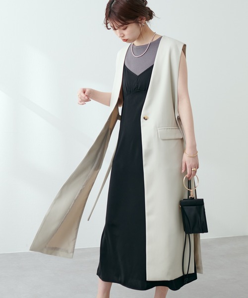 natural couture（ナチュラルクチュール）の「【WEB限定】素材感で魅せる　ノースリリブニット×キャミワンピースセット（ワンピース・レディース・ブラック/ベージュ/サックスブルー/ドット・FREE）」の10枚目の写真