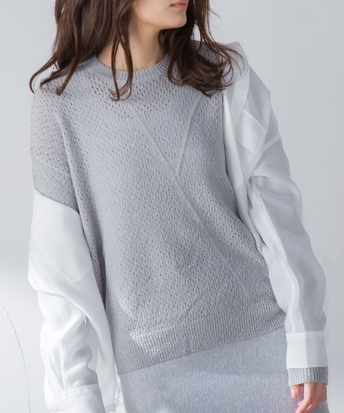 socolla（ソコラ）の「パッチワークライクメッシュプルオーバー（ニット/セーター・レディース・オフホワイト/オレンジ/グレー・M）」の18枚目の写真