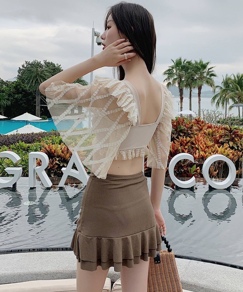 お歳暮 人気 オシャレ cherimi 水着 Mサイズ（hayashi フラワーレースアップワンピース 水着・ラッシュガード