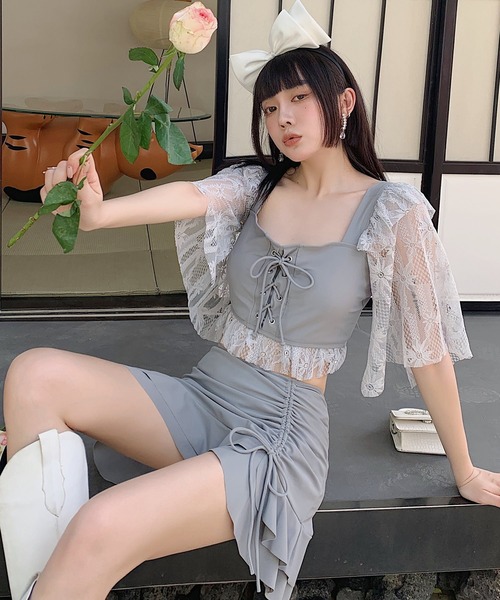 セール】レディース水着 体型カバー シアーラメレースアップビキニ+