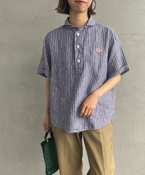 DANTON（ダントン）の「[DANTON/ダントン] ストライプ柄 丸襟リネンプルオーバーシャツ（シャツ/ブラウス・レディース・グレー/ネイビー・38/36/34）」の2枚目の写真