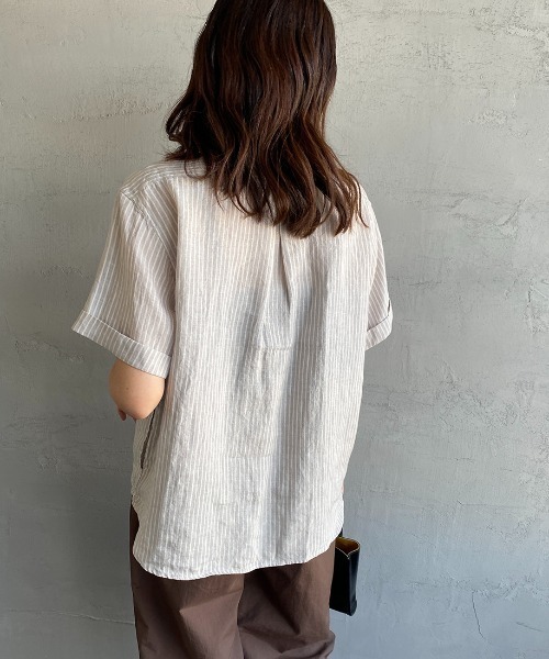 DANTON（ダントン）の「[DANTON/ダントン] ストライプ柄 丸襟リネンプルオーバーシャツ（シャツ/ブラウス・レディース・グレー/ネイビー・38/36/34）」の12枚目の写真