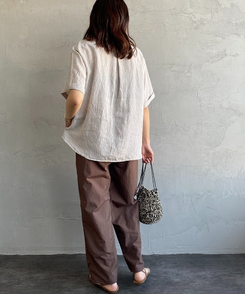 DANTON（ダントン）の「[DANTON/ダントン] ストライプ柄 丸襟リネンプルオーバーシャツ（シャツ/ブラウス・レディース・グレー/ネイビー・38/36/34）」の4枚目の写真