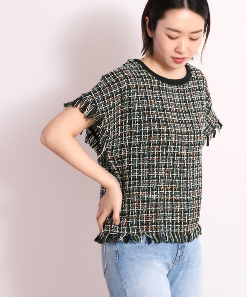 cepo（セポ）の「ツィードチェックフリンジトップス（Tシャツ/カットソー・レディース・ブラック/オフホワイト・M）」の3枚目の写真