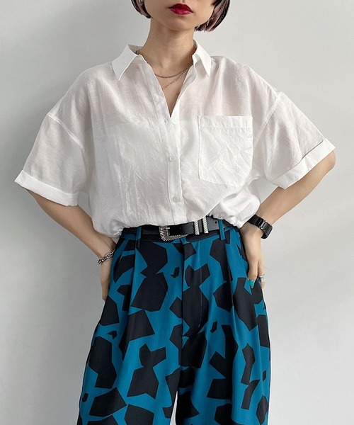 PAGEBOY（ページボーイ）の「ショートドロストシャツ（シャツ/ブラウス・レディース・ブラック/オフホワイト/チョコ・FREE）」の2枚目の写真