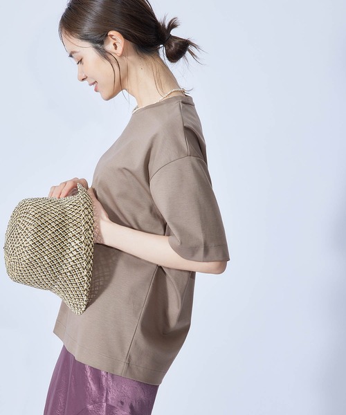 ROPE'（ロペ）の「【接触冷感・UVカット】プレミアムコットン5分袖コクーンTシャツ（Tシャツ/カットソー・レディース・ブラック/ホワイト/オリーブ/ダークラベンダー/オレンジ・38）」の4枚目の写真