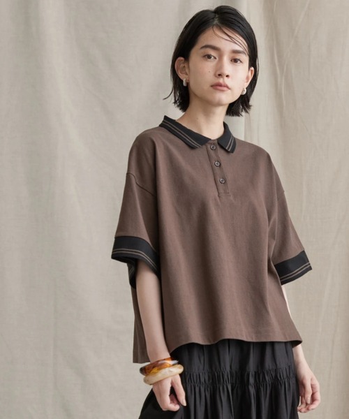 AMERICAN HOLIC（アメリカンホリック）の「衿付キ配色ラインカットプルオーバー（ポロシャツ・レディース・オフホワイト/ブラウン・FREE）」の2枚目の写真