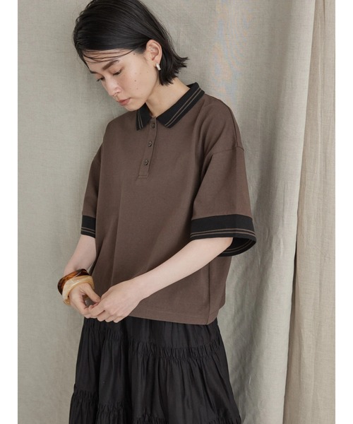 AMERICAN HOLIC（アメリカンホリック）の「衿付キ配色ラインカットプルオーバー（ポロシャツ・レディース・オフホワイト/ブラウン・FREE）」の5枚目の写真