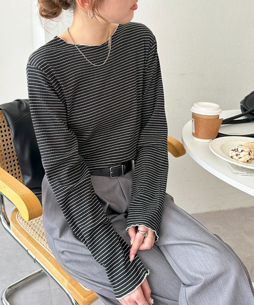 DISCOAT（ディスコート）の「≪新色追加！≫【WEB限定】前後2WAYリブメローロングスリーブ（Tシャツ/カットソー・レディース・ブラック/オフホワイト/アイボリー/グリーン系その他/ライトグレー/クリア/ホワイト系その他/ブルー系その他/グリーン系その他2/ブラック系その他2/ブラック系その他/キャメル/グレイッシュベージュ/ブラウン/ベージュ/ピンク/ブラウン系その他/グレー系その他/ネイビー/カーキ/サンドベージュ/モカ/ピンク系その他/ブラウン系その他2・FREE）」の5枚目の写真