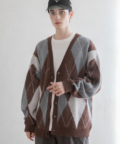 RAGEBLUE（レイジブルー）の「モヘヤアーガイル柄シャギーニットカーディガン（カーディガン/ボレロ・メンズ・ダークグリーン/ブルー/ライトブルー/パープル/イエロー・MEDIUM/LARGE）」の3枚目の写真