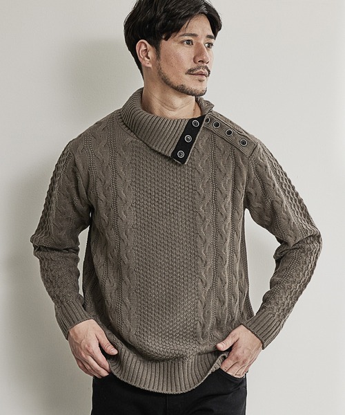 UNION STATION（ユニオンステーション）の「ドクターネックケーブルニット（ニット/セーター・メンズ・ホワイト/ブラック/ブラウン/ブルー/ボルドー/グレー/マスタード・LL/M/L）」の4枚目の写真