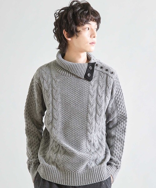 UNION STATION（ユニオンステーション）の「ドクターネックケーブルニット（ニット/セーター・メンズ・ホワイト/ブラック/ブラウン/ブルー/ボルドー/グレー/マスタード・LL/M/L）」の3枚目の写真