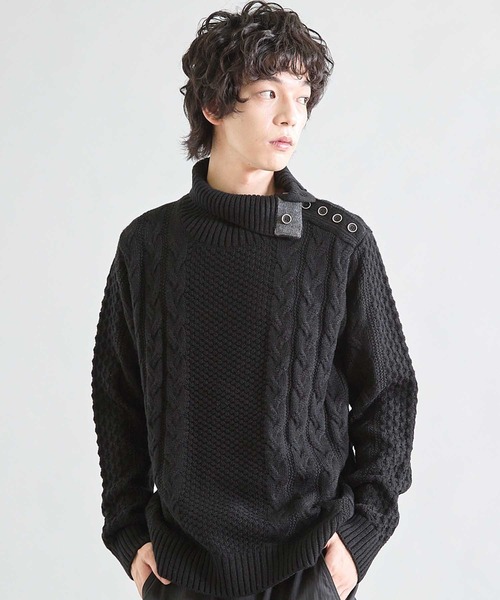 UNION STATION（ユニオンステーション）の「ドクターネックケーブルニット（ニット/セーター・メンズ・ホワイト/ブラック/ブラウン/ブルー/ボルドー/グレー/マスタード・LL/M/L）」の2枚目の写真