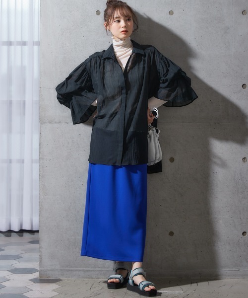 miclat（ミクラ）の「大きいサイズ　シアーギャザーシャツ　miclat（シャツ/ブラウス・レディース・ブラック/ピンク系/グリーン・L～LL/3L～4L）」の10枚目の写真