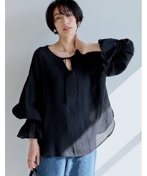 【新品】シェリエ シアー フロッキー チェック ブラウス トップス　ブラック 新品】シェリエ シアー フロッキー チェック ブラウス トップス