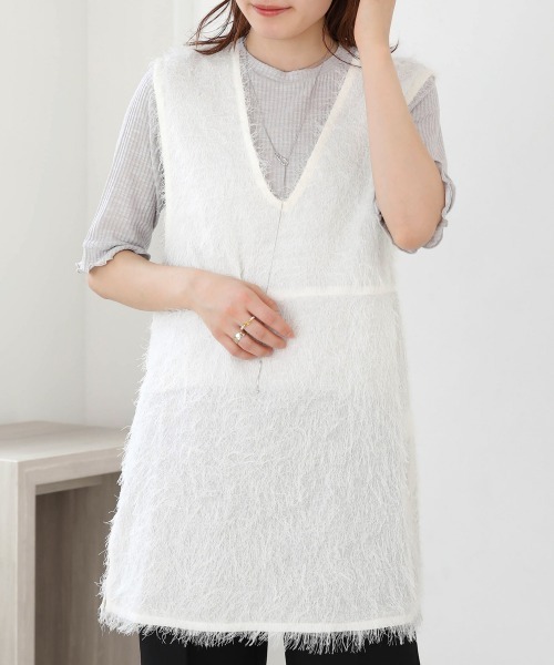 Bab(バブ)の「シアーシャギーベストトップス(ベスト・レディース・ブラック/ピンク/オフホワイト・M)」の1枚目の写真