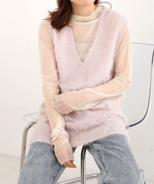 Bab(バブ)の「シアーシャギーベストトップス(ベスト・レディース・ブラック/ピンク/オフホワイト・M)」の3枚目の写真