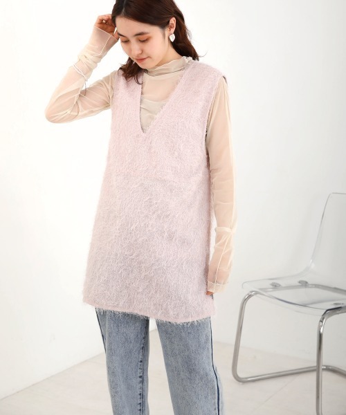 Bab(バブ)の「シアーシャギーベストトップス(ベスト・レディース・ブラック/ピンク/オフホワイト・M)」の5枚目の写真